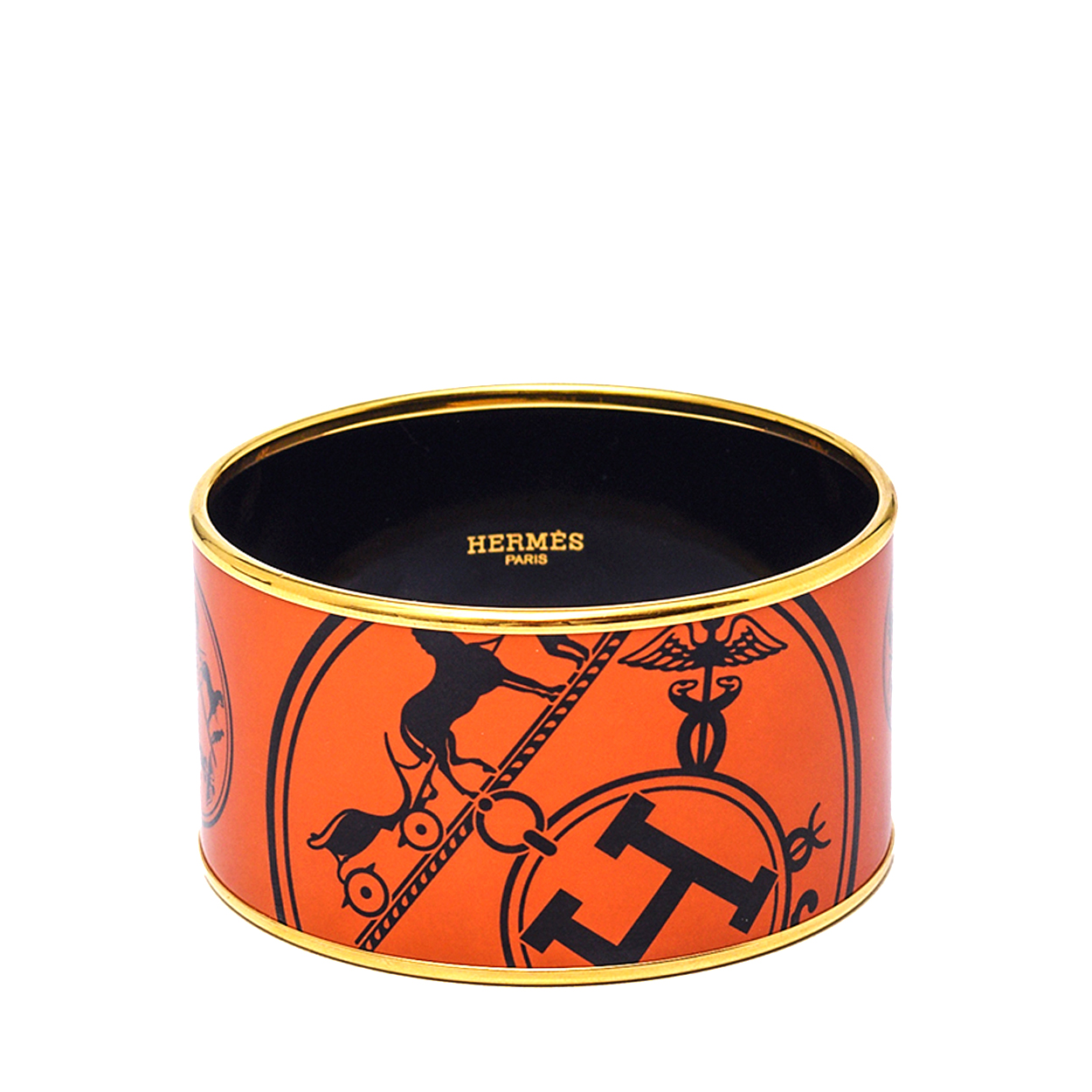 Hermes -Caléche Rodeo Print Wide Enamel Bracelet Orange M 